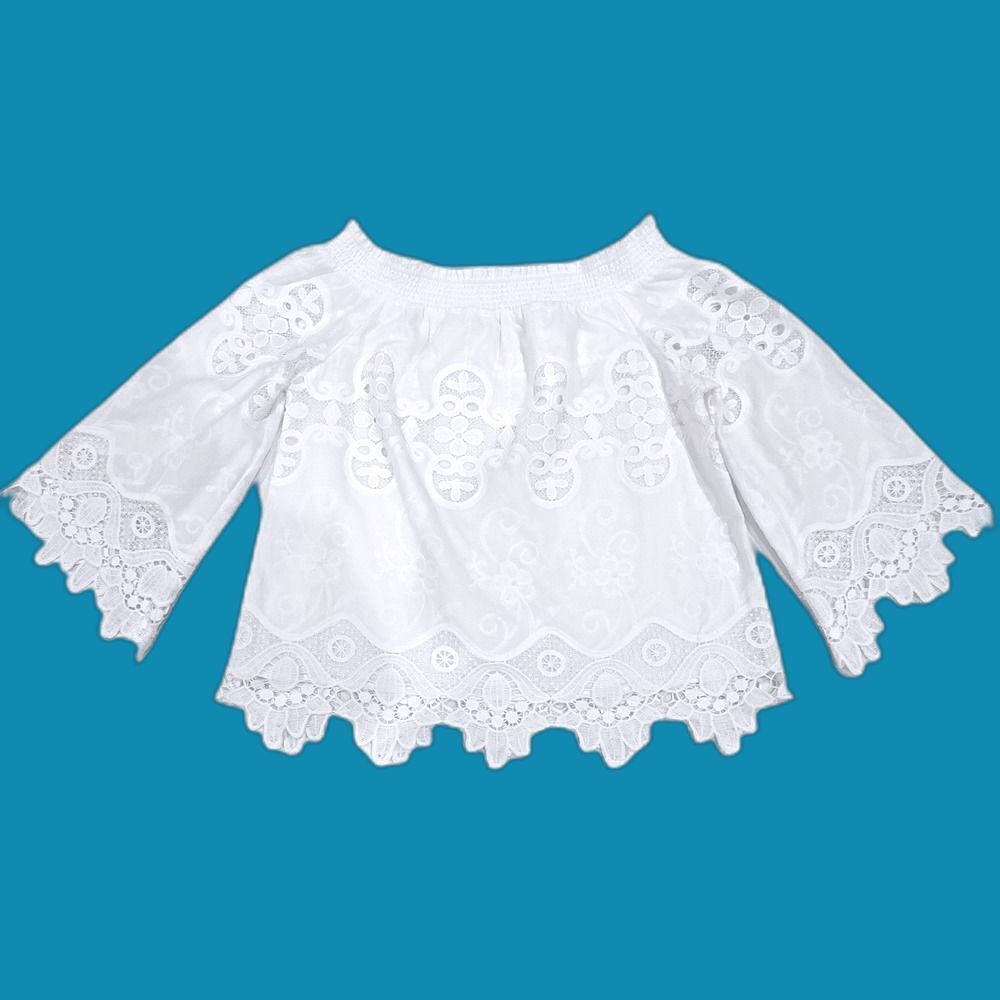 Chico's White Eyelet Blouse Womens S Cotton Embroidered Off Shoulder Bell Sleeve